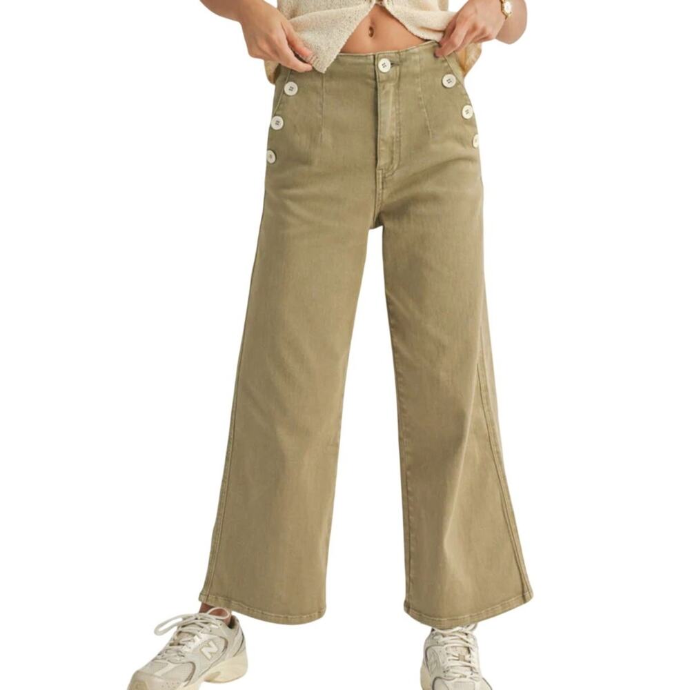 Miou Muse Wide Leg Sailor Pants -M Washed Cotton Olive Khaki Button Detail